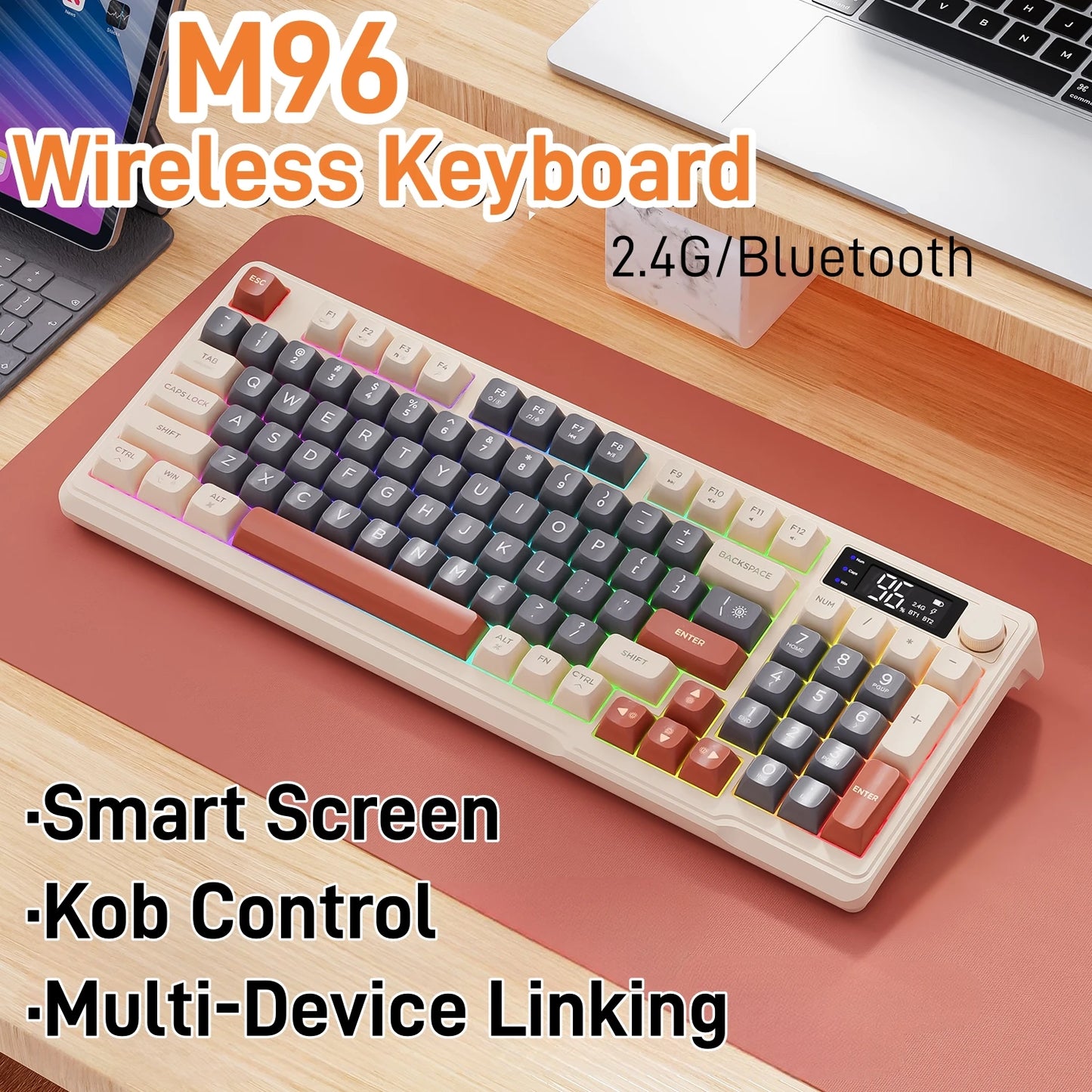 Ziyoulang M96 Wireless Keyboard with Screen,Gaming Keyboard Bluetooth Dual-Mode Connection,Multi-Device Linking,Ergonomic