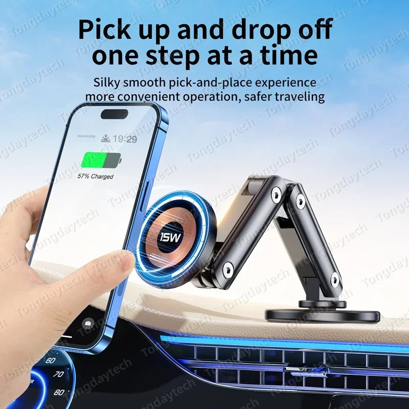 15W Magnetic Metal Car Wireless Charger 360 Rotation Multi Angle Adjustable Foldable Stand For Iphone 15 14 13 Pro Max Samsung