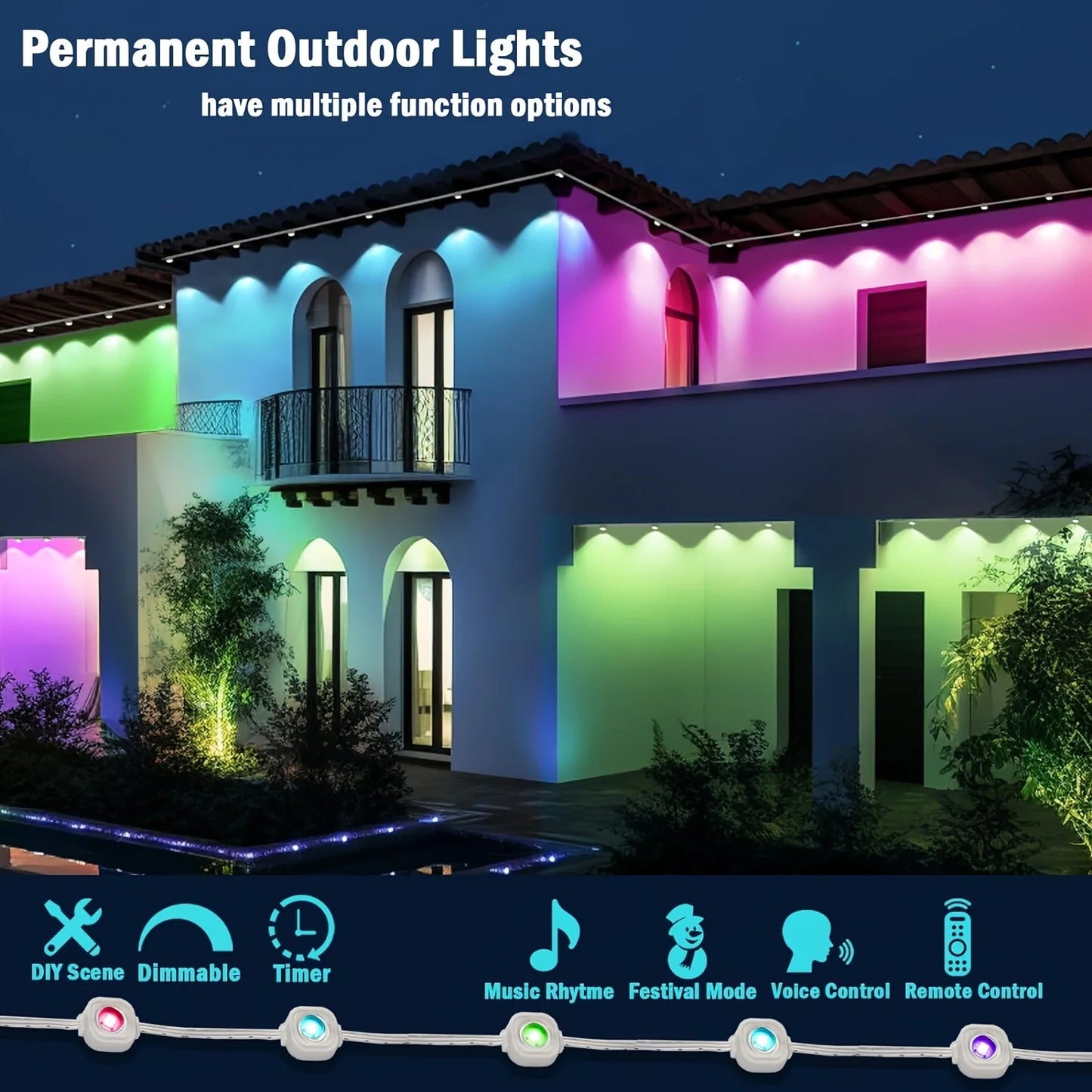 Permanent Outdoor Lights Smart RGBIC Eaves LED Lights Festival Flashing Lighting Fairy String for Christmas Holiday Decorations