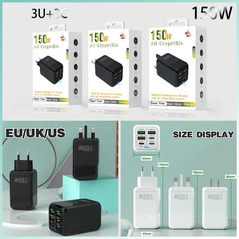 150W Super Quick Charger 6-Port PD QC 3.0 with USB-C Data Cable for iPhone, Samsung, and Xiaomi Devices Bulbusbow