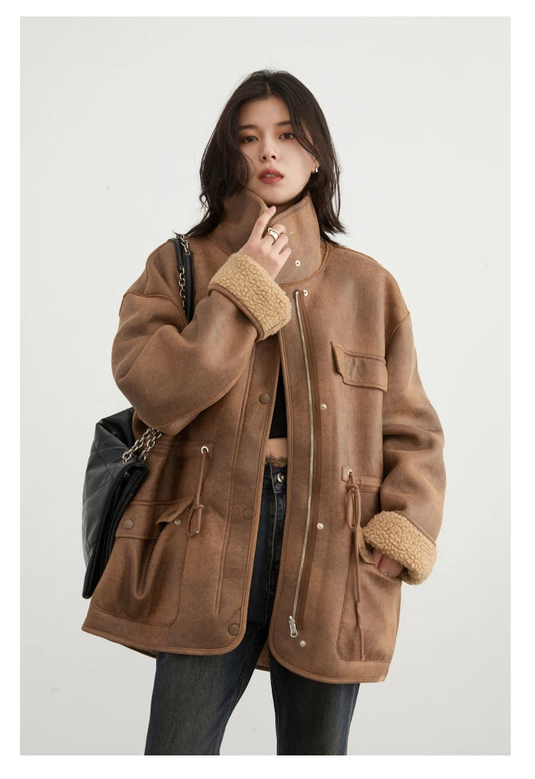 CHIC VEN Women's Jackets Thick Warm Solid Suede Reversible Jacket Motorcycle Outer Coat Loose Female Overcoat Winter Autumn 2023