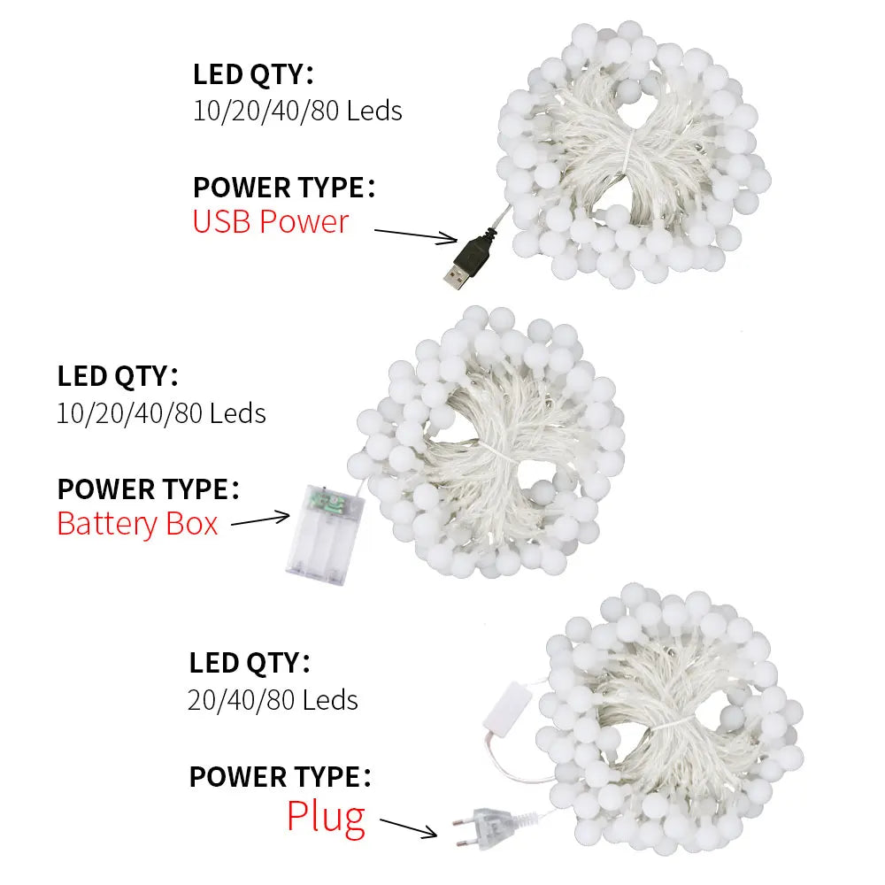 USB/电池供电 LED 球形花环灯仙女串防水户外灯圣诞节节日婚礼派对灯装饰