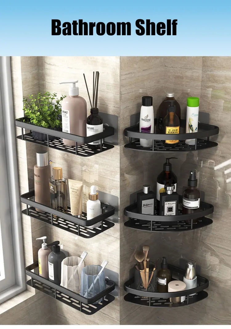 Bathroom Shelf Makeup Storage Organizer Aluminum Alloy Shampoo Rack Shower Shelf Bathroom Accessories No Drill Wall Shelf