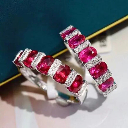 2024 NEW Classic Oval Ruby Full Diamond Couple Ring For Women Geometric Zirconia S925 Silverd Christmas Gift Party Jewelry