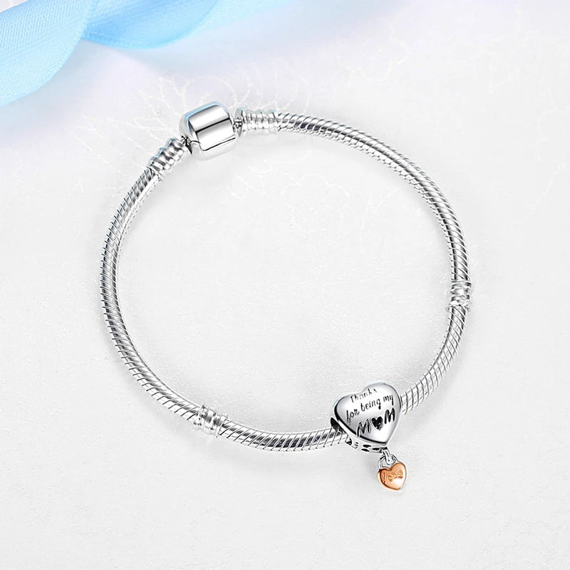 Original 925 Sterling Silver Charms Love Heart Mom Mother's Day Beads Pendant Fit Pandora Bracelets Necklaces Women DIY Jewelry