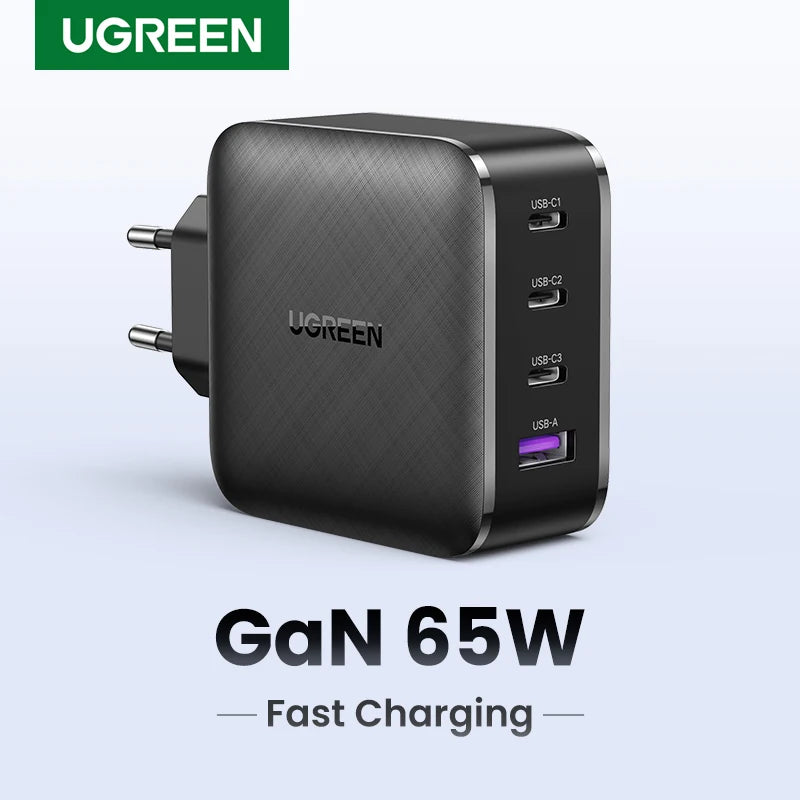 شاحن UGREEN GaN 65W Quick Charge 4.0 3.0 Type C PD USB مع شاحن سريع QC 4.0 3.0 لهاتف iPhone 16 15 14 Xiaomi Laptop