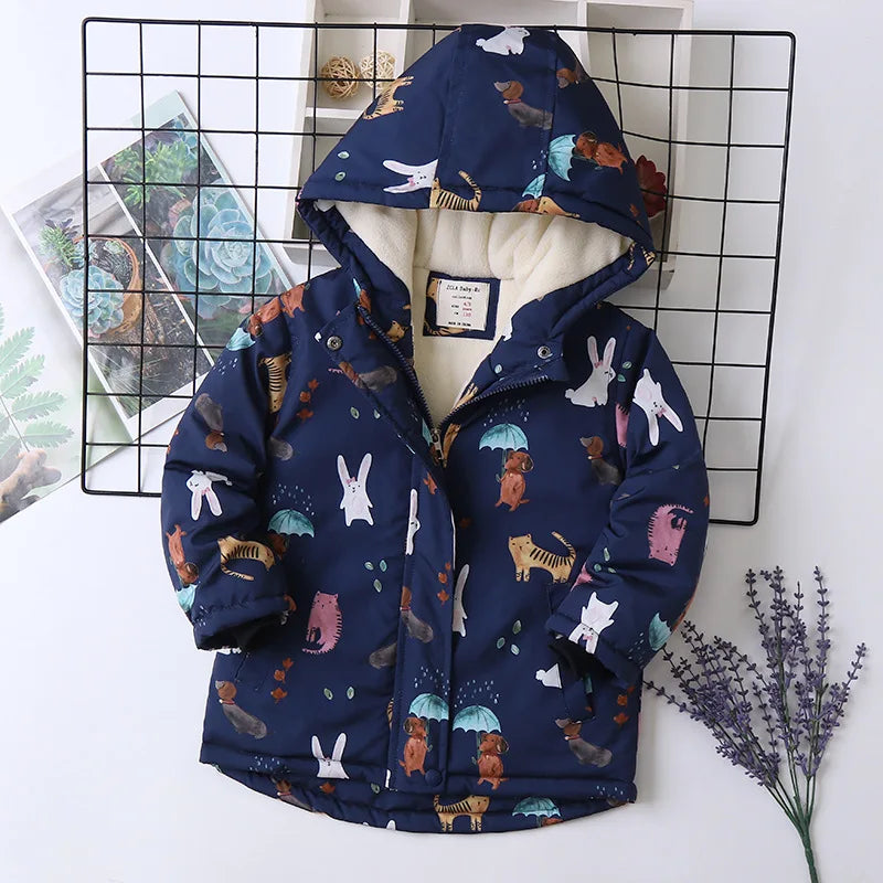 Autumn Winter Girl Jacket Coat Cartoon Printed Waterproof Plus Velvet Warm Girl Outerwear 4-14 Year Kids Teenage Girl Parka