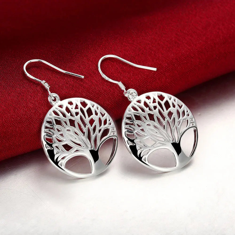 925 Sterling Silver Charm Round Tree of Life Earrings Necklace Set For Women Fashion Wedding Christmas Jewelry Set