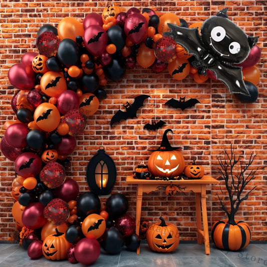 100Pcs Halloween Bat Balloon Garland Arch Kit For Ghost Festival Birthday Party Theme Burgundy Red Black Gold Balloon Decoration