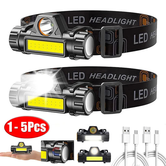 1-5PCS Rechargeable COB LED Headlamp Strong Magnetic Powerful Headlight Super Bright Waterproof Head Torch For Outdoor Fishing