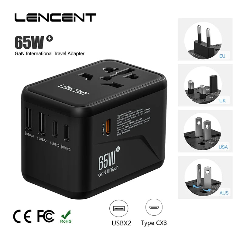 LENCENT 65W GaN 通用旅行适配器，带 2 个 USB 端口 3 型 C 快速充电电源适配器欧盟/英国/美国/澳大利亚插头，适合旅行