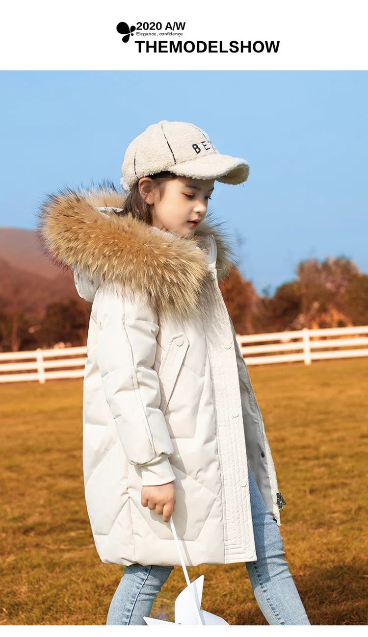 RAISE 2024 Winter Down Jackets For Grils 5-14Y Kids Junior Girl Parkas Real Raccoon Fur Solid Waterbreaker Babys Girls Outerwear