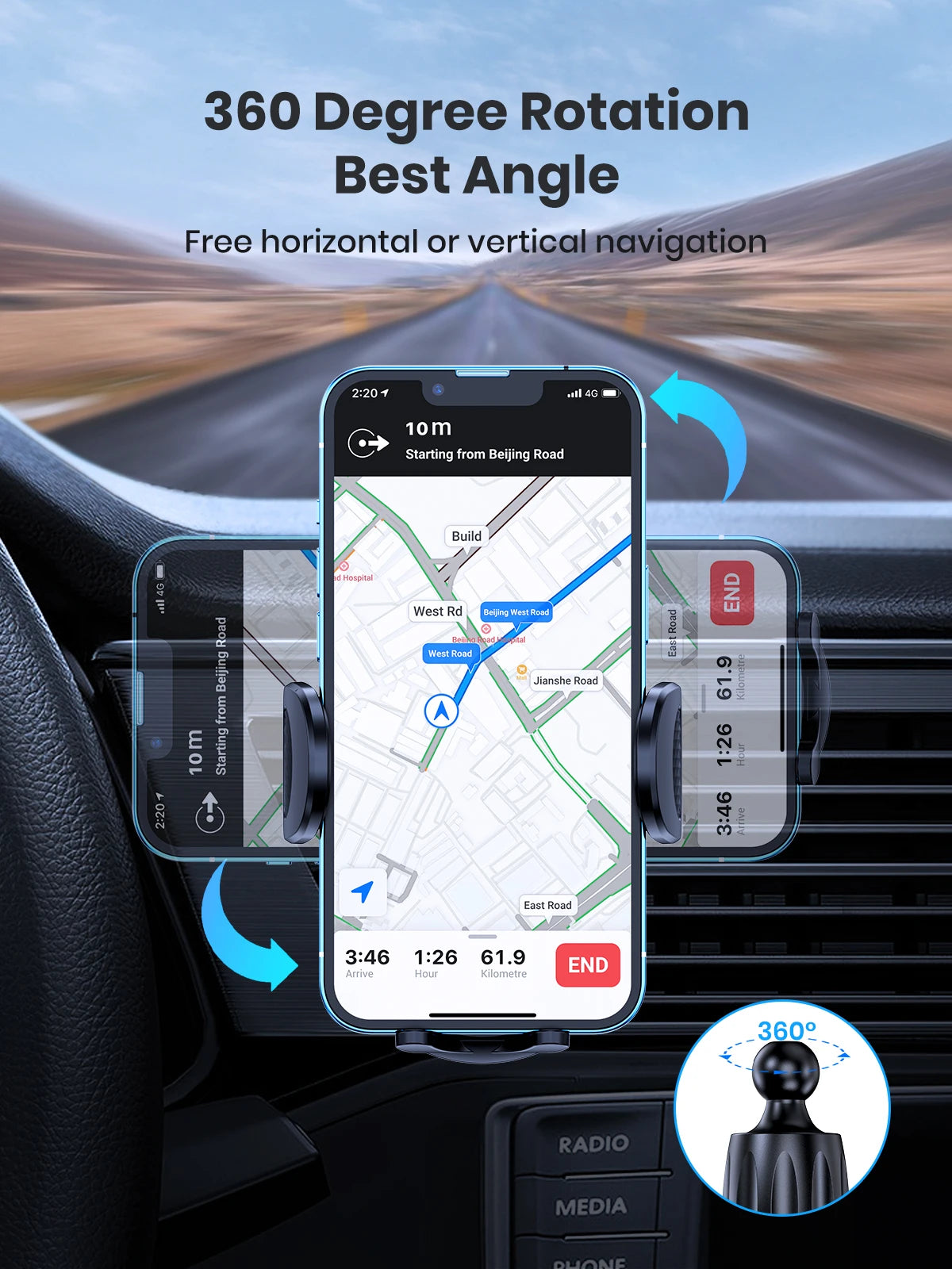 TOPK Car Phone Holder for Car with Hook Clip Air Vent Car Phone Mount 360° Rotation Universal Mobile Phone Mount for Smartphone