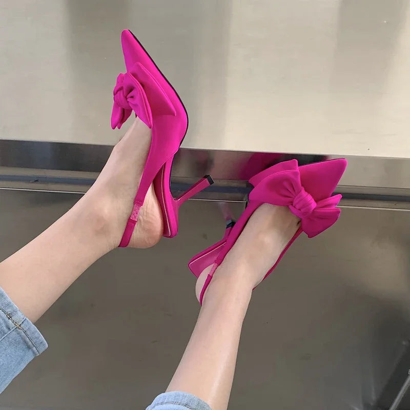 2024 Summer Brand Women Slingback Sandals Heeled Shoes Fashion Bow-knot Pointed Toe Slip on Ladies Elegant Dress Pumps Shoes