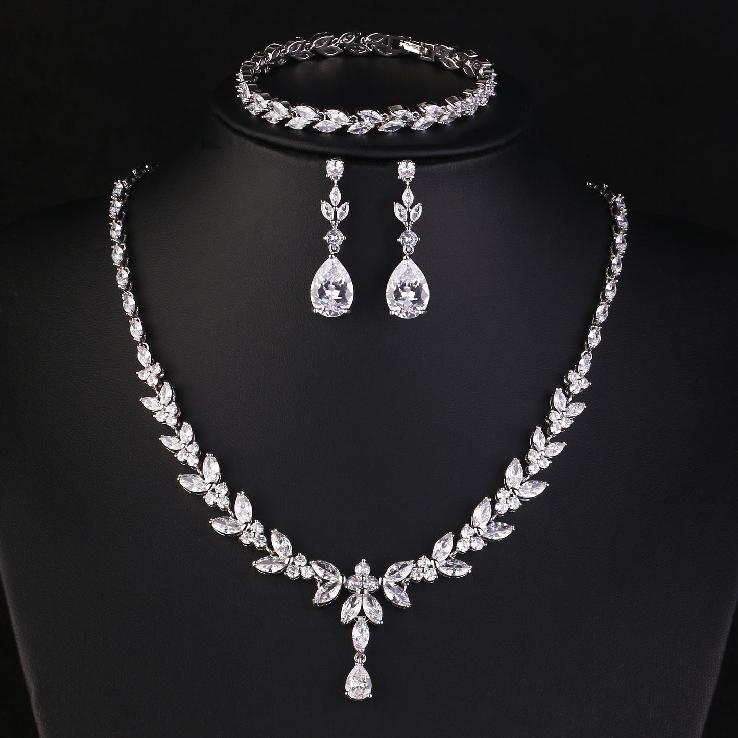 ZAKOL Luxury Brilliant Zirconia Leaf Necklace Earrings Rings Bracelets Set for Women CZ Drop Bridal Wedding Jewelry Sets