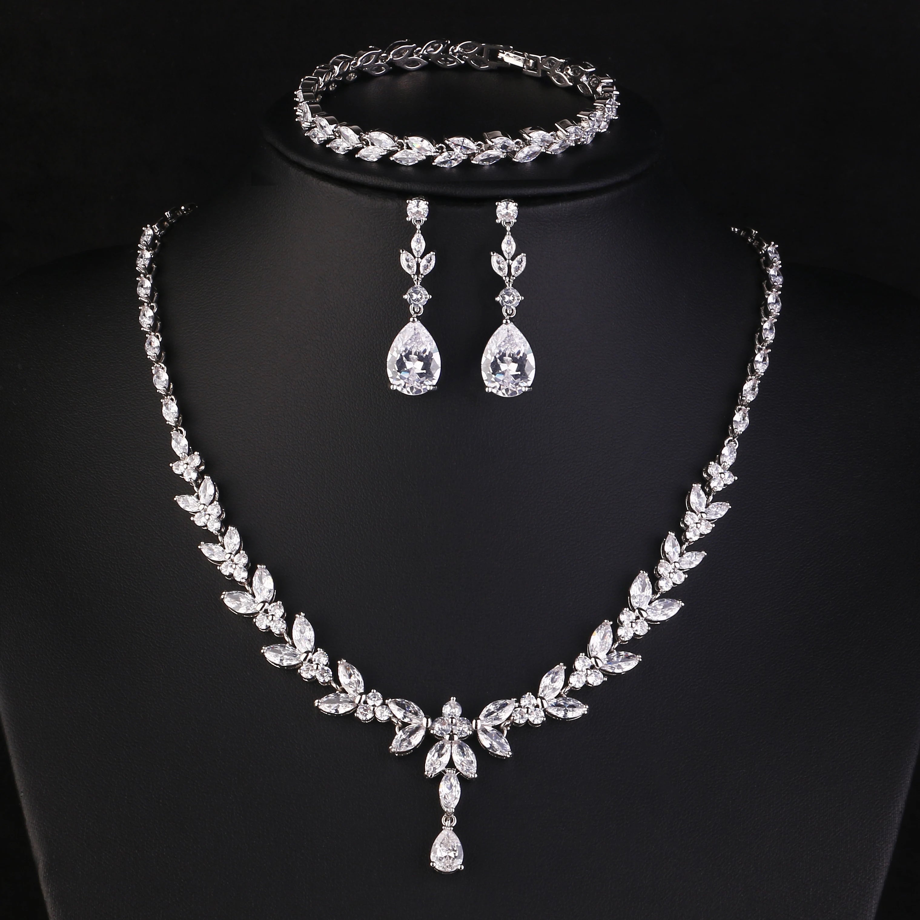 ZAKOL Luxury Brilliant Zirconia Leaf Necklace Earrings Rings Bracelets Set for Women CZ Drop Bridal Wedding Jewelry Sets