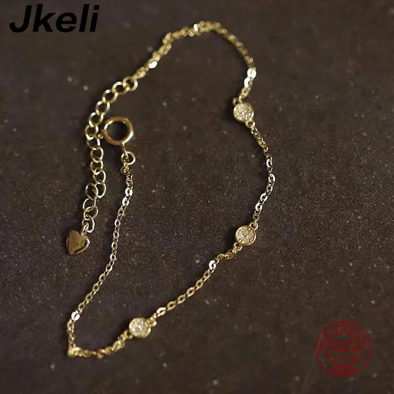 Jkeli Real 925 Sterling Silver Zircon Round 14K Gold Plated Charm Bracelet For Women Party Classic Minimalist Fine Jewelry