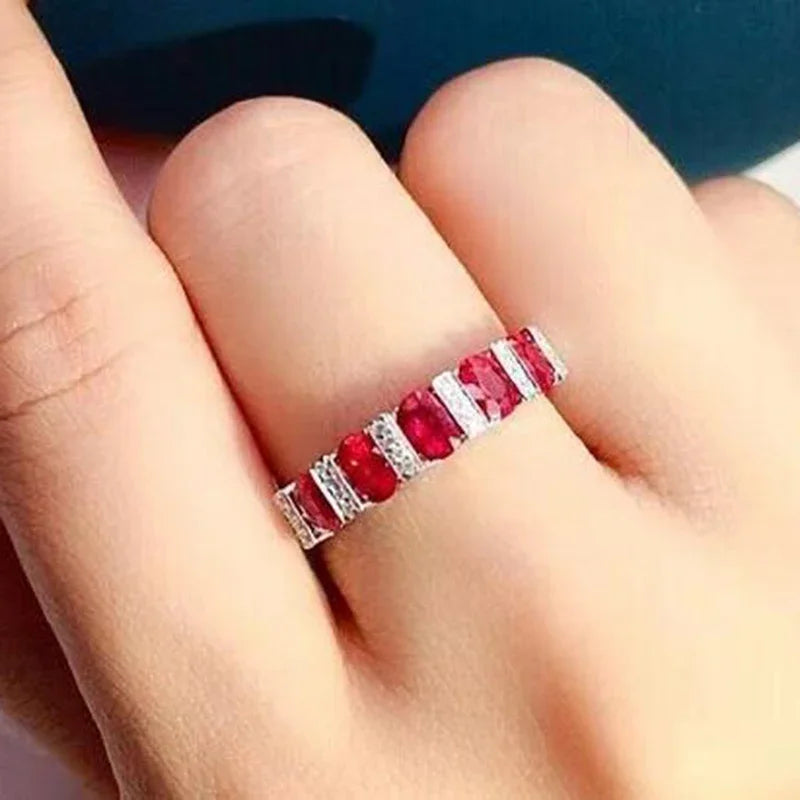 2024 NEW Classic Oval Ruby Full Diamond Couple Ring For Women Geometric Zirconia S925 Silverd Christmas Gift Party Jewelry