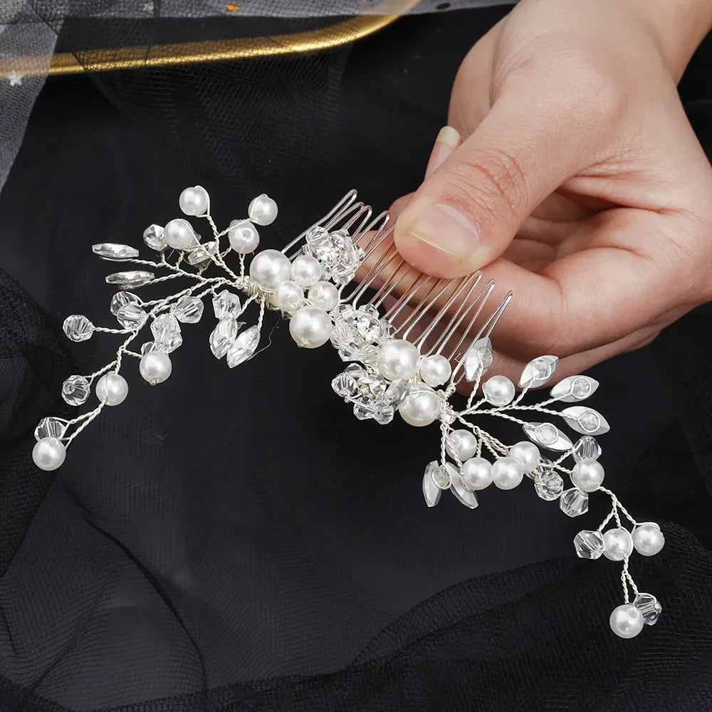 Bulbusbow's Handmade Pearl Crystal Leaf Tiara Headband, featuring a geometric crystal design adorned with pearls. Perfect bridal hair ornament for weddings and special occasions, crafted with high-quality materials