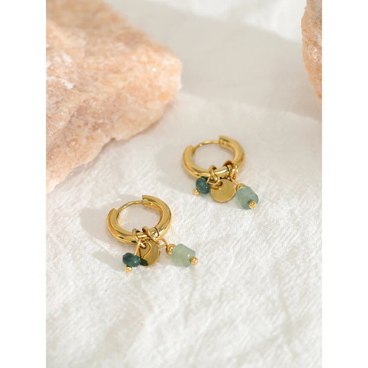 Bulbusbow 18K Gold Plated Stainless Steel Hoop Earrings | Vintage Green Natural Stone Charms