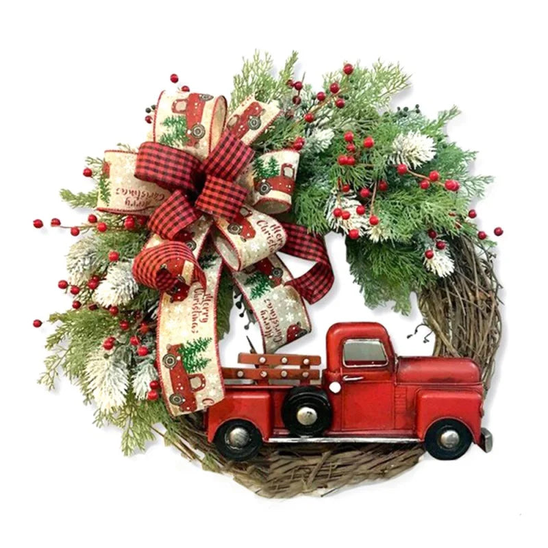 Artificial Christmas Wreath Plant Rattan Red Truck Rustic Fall Front Door Round Garland Simulation Berries Festive Home Decor