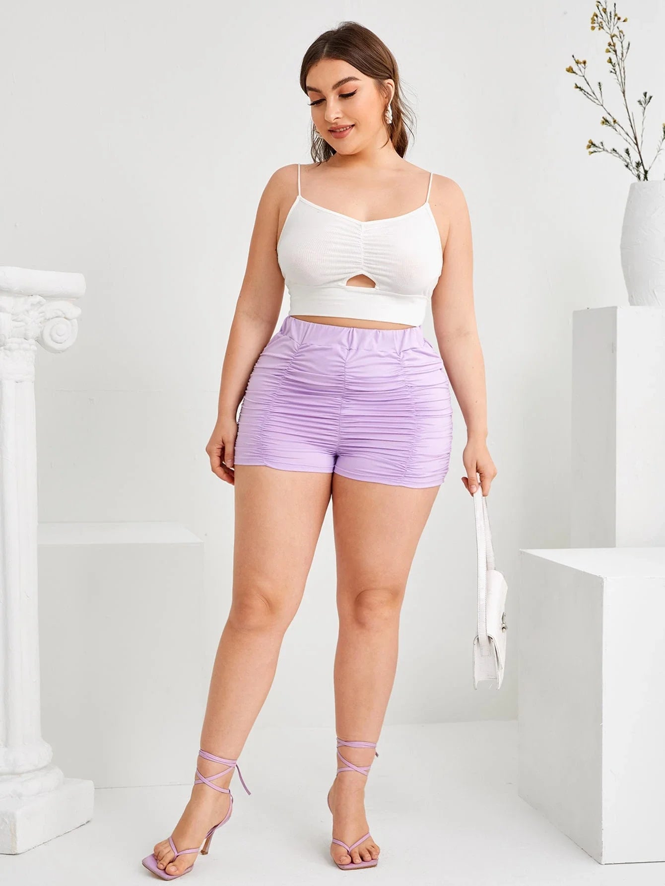 Plus Size Elastic Waist Sexy Summer Casual Ruched Shorts Women Solid Purple High Waist Skinny Biker Shorts Female Large Size 6XL