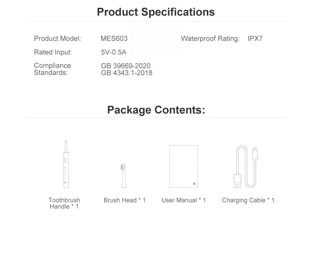 小米米家 T100 声波电动牙刷 米家智能防水牙刷 IPX7 可充电 USB 适用于牙齿刷美白