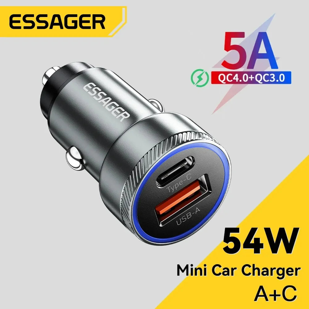 شاحن سيارة Essager 54 وات 5 أمبير شحن سريع من النوع C شحن سريع 3.0 QC PD 3.0 SCP USB شاحن سيارة لهاتف Xiaomi وSamsung وIphone