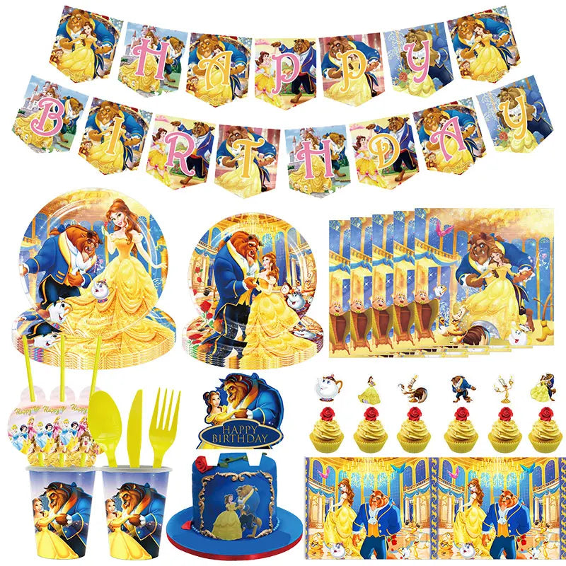 The Beauty And Beast Birthday Decorations Disny Belle Princess Party Supplies Balloon Backdrop Banner Tableware Kit Plates Cups