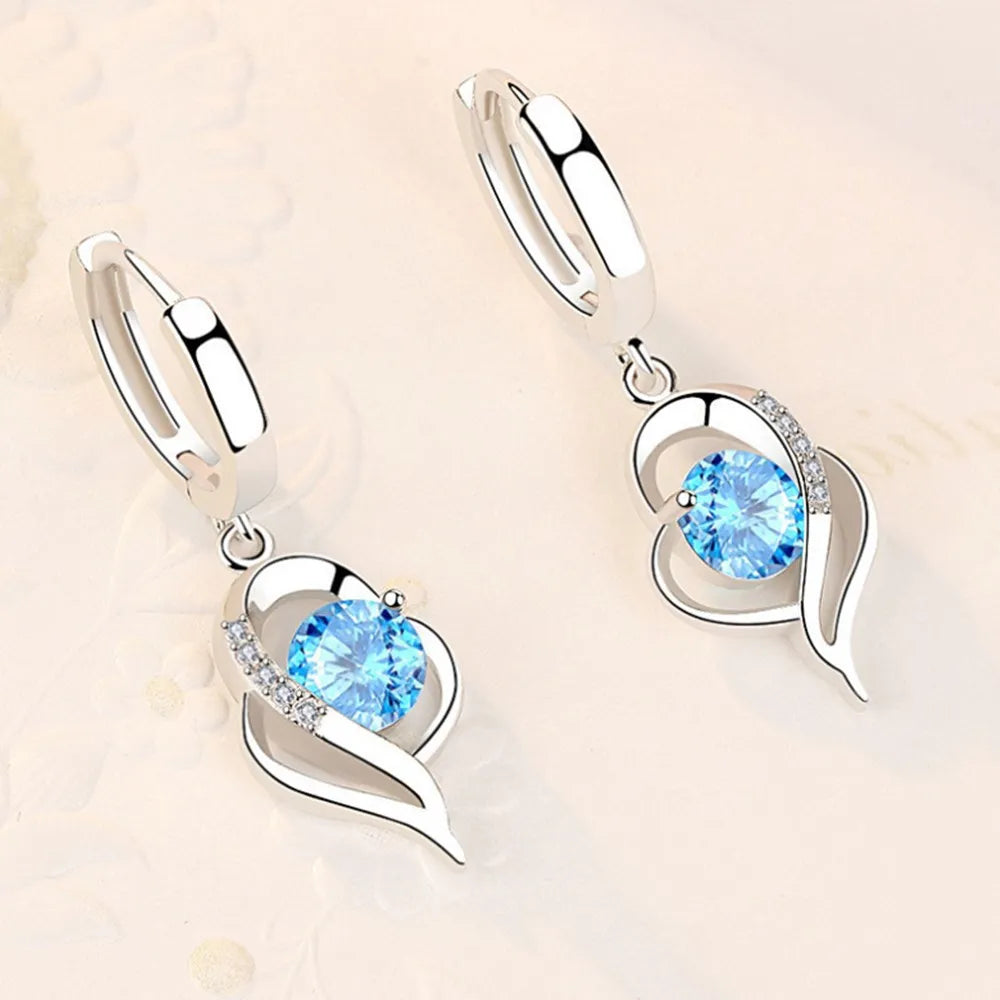 Bulbusbow 925 Sterling Silver Heart Drop Earrings with Blue, Pink, White & Purple Crystal Zircon and Sapphire