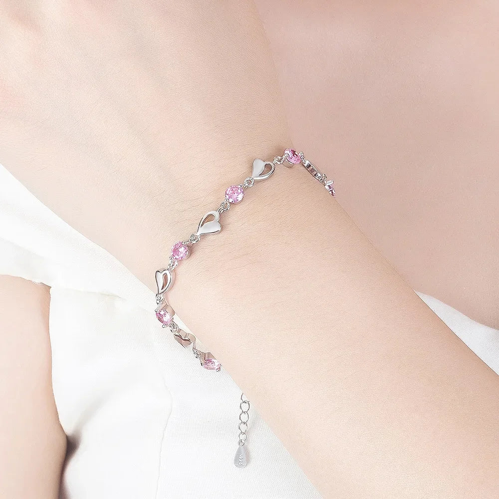 925 Sterling Silver Heart Shaped Bracelet For Women Retro Korean Versatile Pink Crystal Charm Bracelets Original Party Jewelry