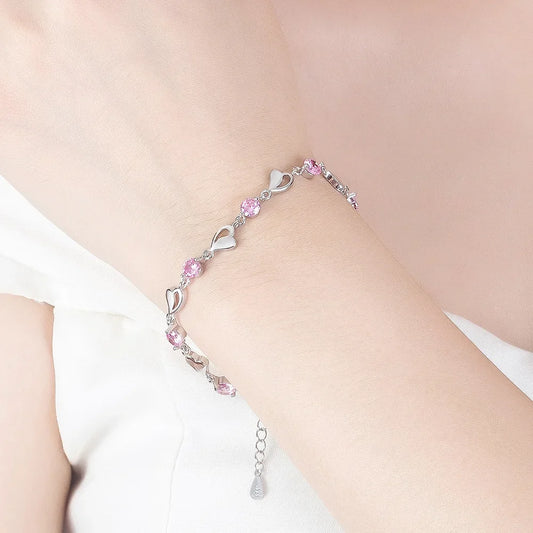 925 Sterling Silver Heart Shaped Bracelet For Women Retro Korean Versatile Pink Crystal Charm Bracelets Original Party Jewelry