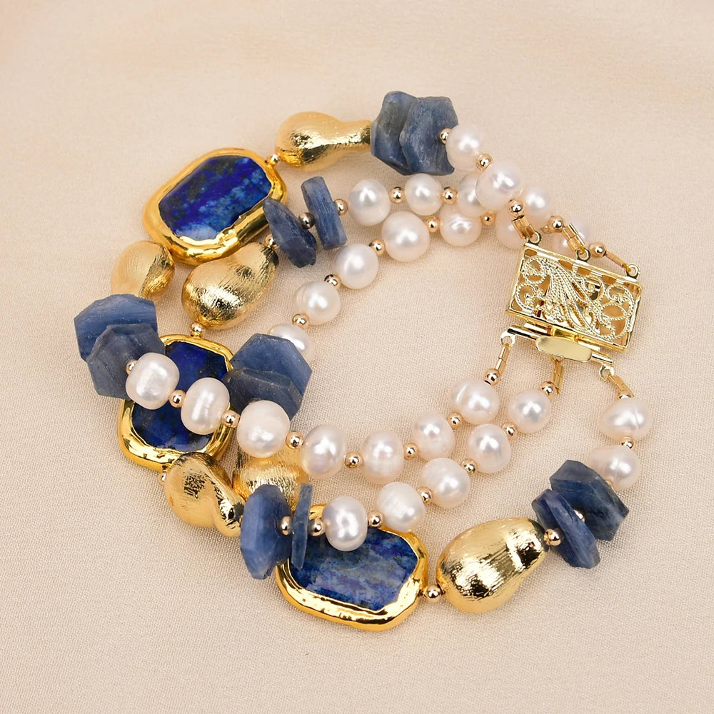 GG 3 Rows Natural Kyanite Gems White Pearl Gold Plated Blue Lapis lazuli Brushed Beads Bracelet 8'' For Lady