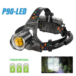 Super Bright LED Headlamp with XHP90 Lamp Beads Waterproof Headlight Power Display Suitable Exploration Hunting Fishing