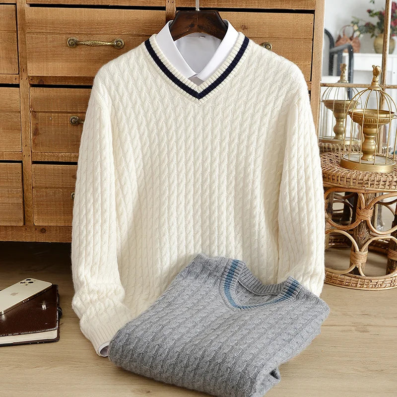 Winter top thickened pure cashmere sweater men's v-neck jacquard knitted sweater student warm bottoming shirt youth fashion