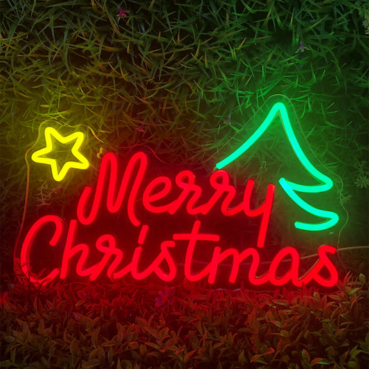 Merry Christmas Neon Sign LED Lights Art Letter Navidad Room Decoration For Bar Party Home Bedroom Dimmable Xmas Tree Wall Lamp