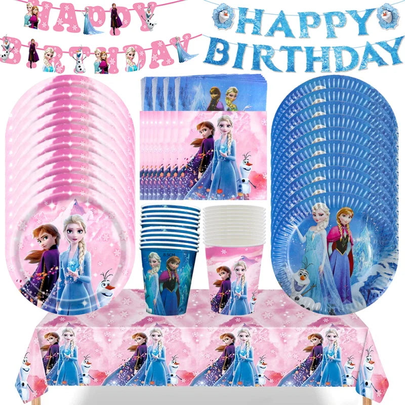 Elsa Frozen Birthday Decoration Frozen Theme Child Party Decor Supplies Tableware Set Plates Cup Tablecloth Background Candy Bag