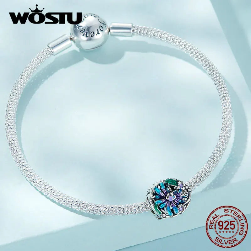 WOSTU 925 Sterling Silver Vintage Butterfly Charms Garden Pendant Blue Flower Bead Fit Original Bracelet DIY Jewelry Making