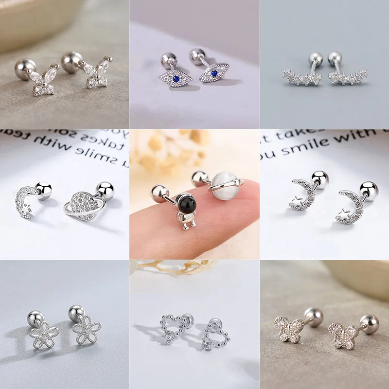 Trendy Silver Screw Back Helix Stud Earrings with Sparkling Cubic Zirconia by Bulbusbow