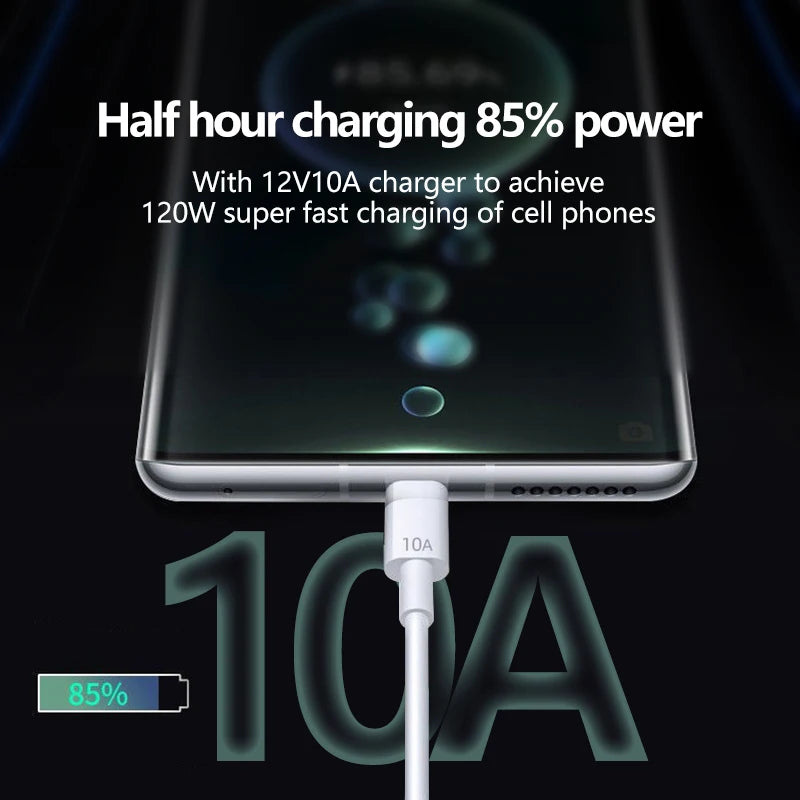 120W 10A USB Type C Super Fast Charging Cable For Huawei P40 P30 Honor Data Cord For Xiaomi Redmi 13 OnePlus POCO