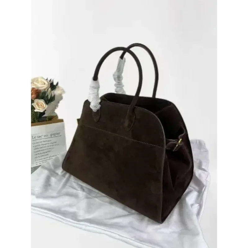 LUXURY Margaux Handbag Cowhide Large Capacity Women's High Range Suede Tote Bag Minimalist Style Margaux