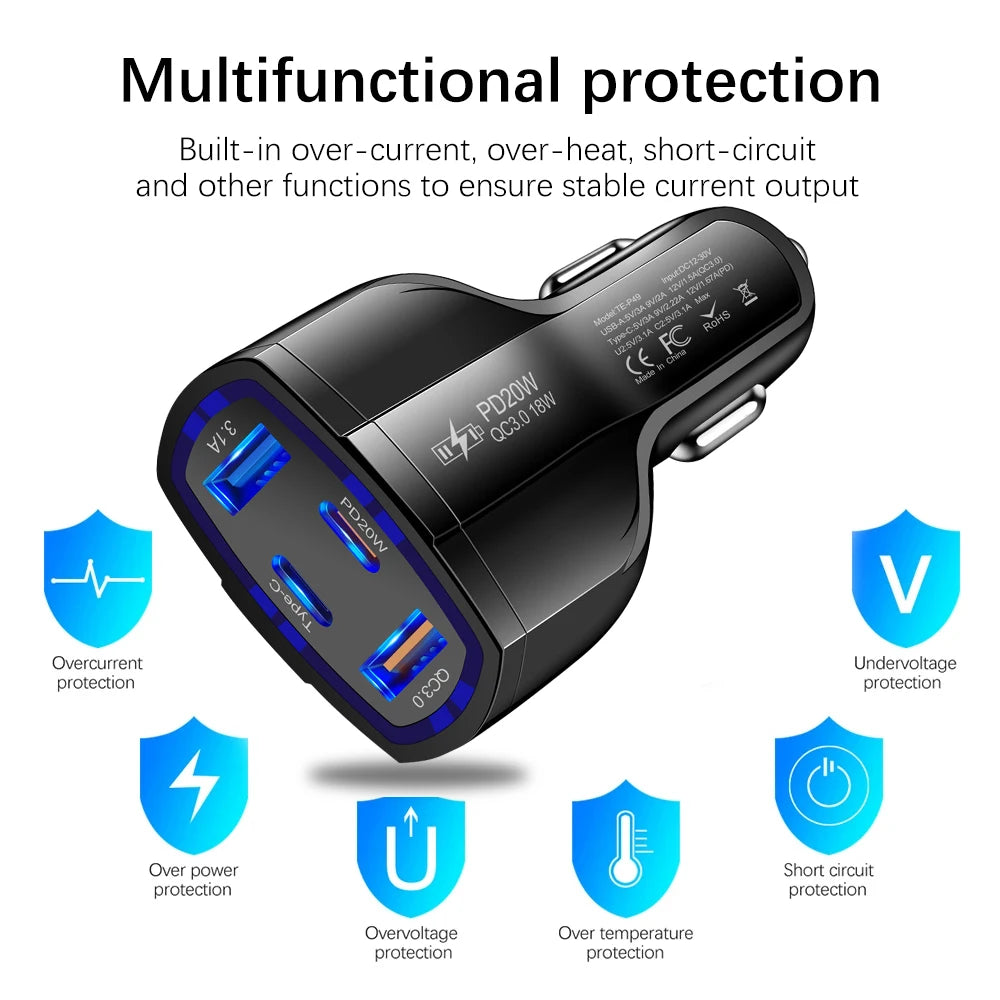 38W Mini Car Charger 4in1 Cell Phone Charger 2USB+2PD Fast Charging Cars Cigarette Lighter for IPhone Samsung Auto Fast Charging