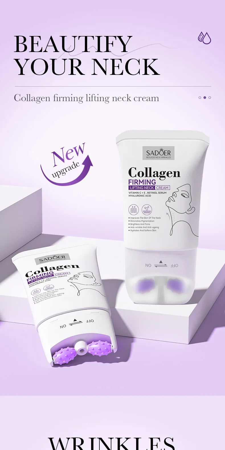 SADOER Collagen Firming Neck Cream Lifting Moisturizing Brightening Message Roller Neck Beauty Cream Necks Skin Care Products