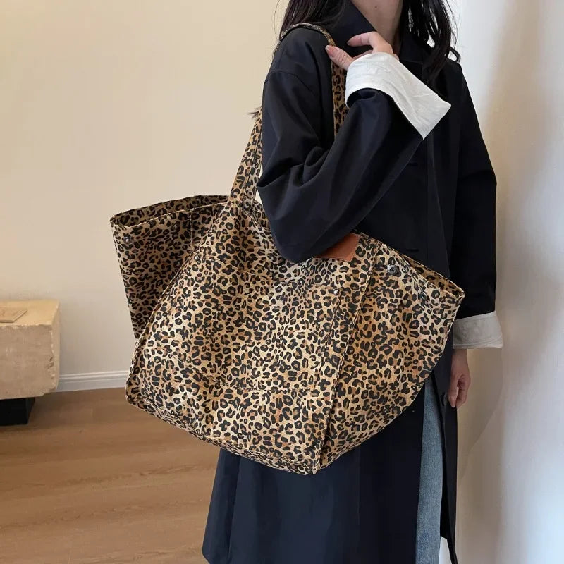 Oversized Leopard Prints Shoulder Bags for Women Deformable Canvas Large Capacity Shopping Totes 2024 Winter New Luxury Handbags