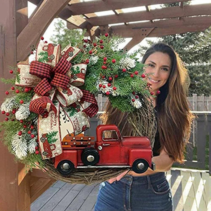 Artificial Christmas Wreath Plant Rattan Red Truck Rustic Fall Front Door Round Garland Simulation Berries Festive Home Decor