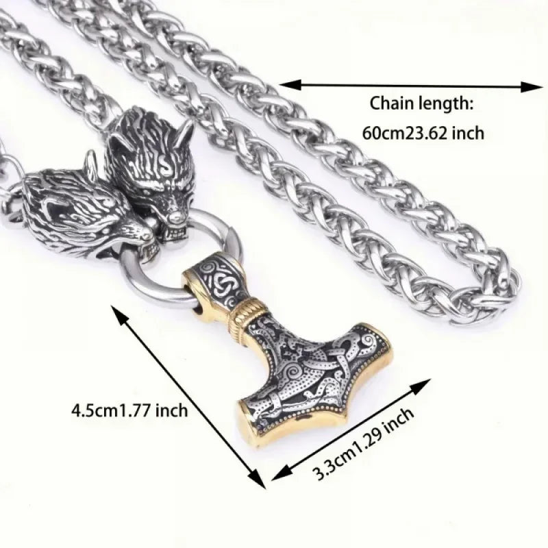 Fashionable And Exquisite New Retro Nordic Viking Hammer Pendant Wolf Head Necklace For Personalized Men'S Amulet Jewelry Gift