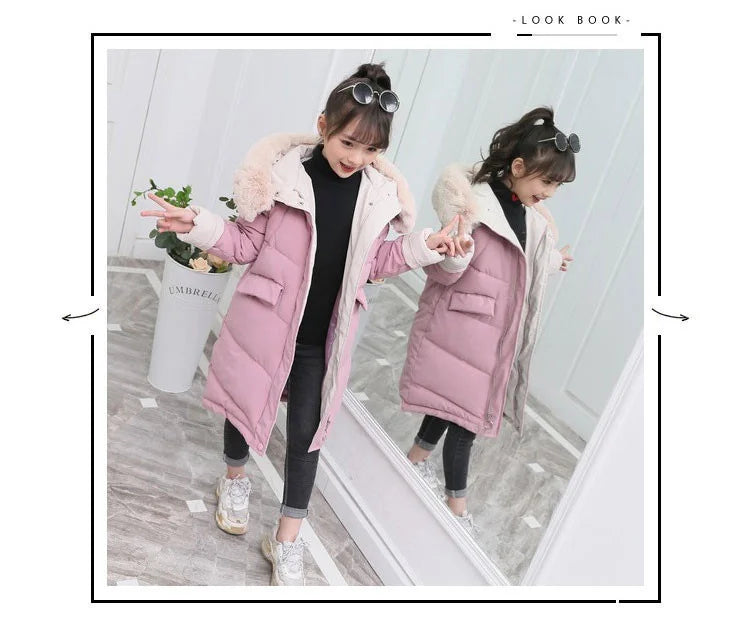 New Girls clothing Winter Warm down Cotton Jackets Children parka faux Fur Collar Coat Girl Thicken overalls Hooded kids Clothes