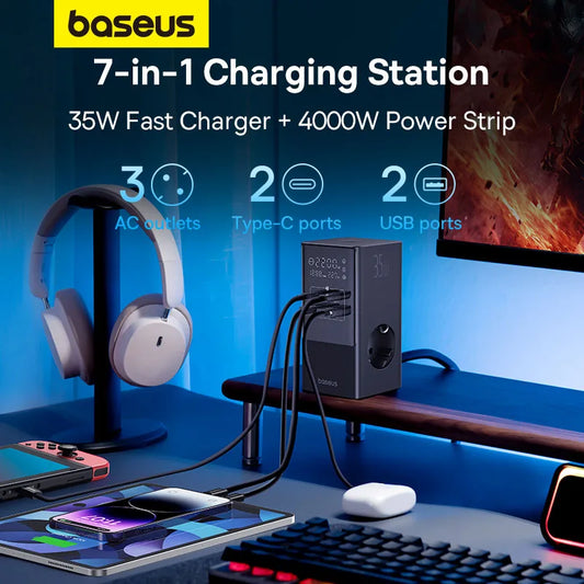 Baseus 35W Fast Charger Digital Power Strip 7-in-1 Charging Station 4000W Rated Power Digital Display For iPhone 15 14 Pro Max