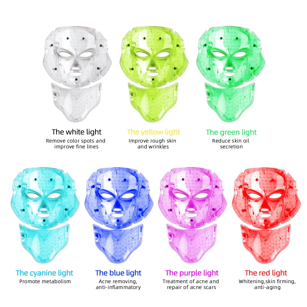 7 Color LED Facial Mask w/ Neck Face Care Treatment Beauty Anti Acne Korean Photon Therapy Face Whiten Skin Rejuvenation Machine