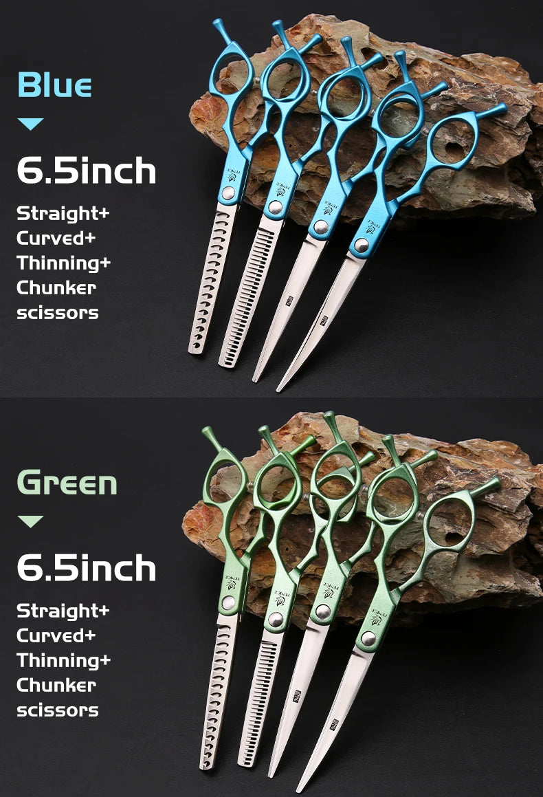 Fenice 6.5 inch Professional Pet Grooming Cutting Curved Thinning Chunker Scissors Shears Set Kit for Groomer Household Use